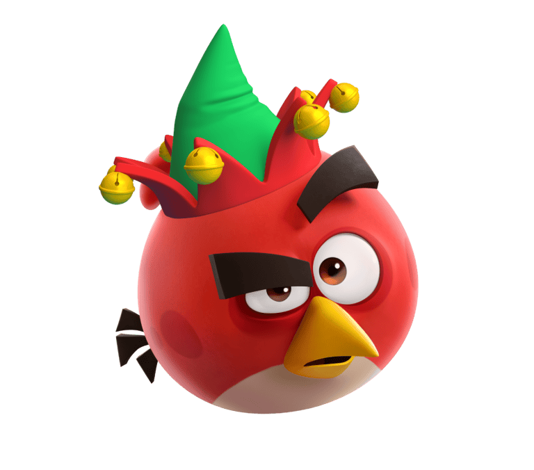 Red cartoon bird wearing a green and red jester hat with bells.