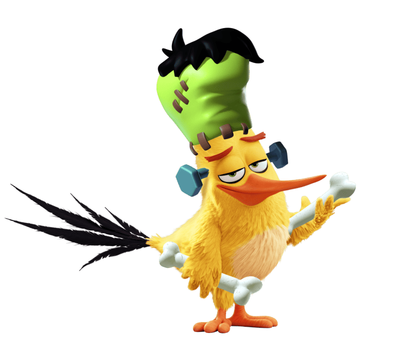 Cartoon yellow bird with black hair, bolts, and feathers, resembling Frankenstein's monster.