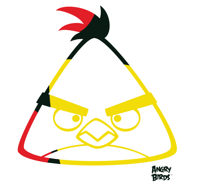 Abstract yellow bird with angry expression, red and black stripes.