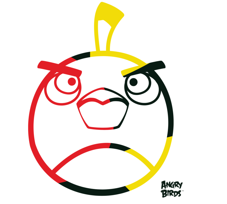 Stylized Angry Bird face in red, yellow, and black lines.