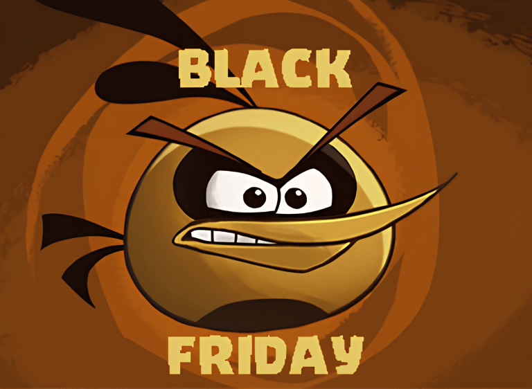 Angry bird with 'Black Friday' text on a brown background.