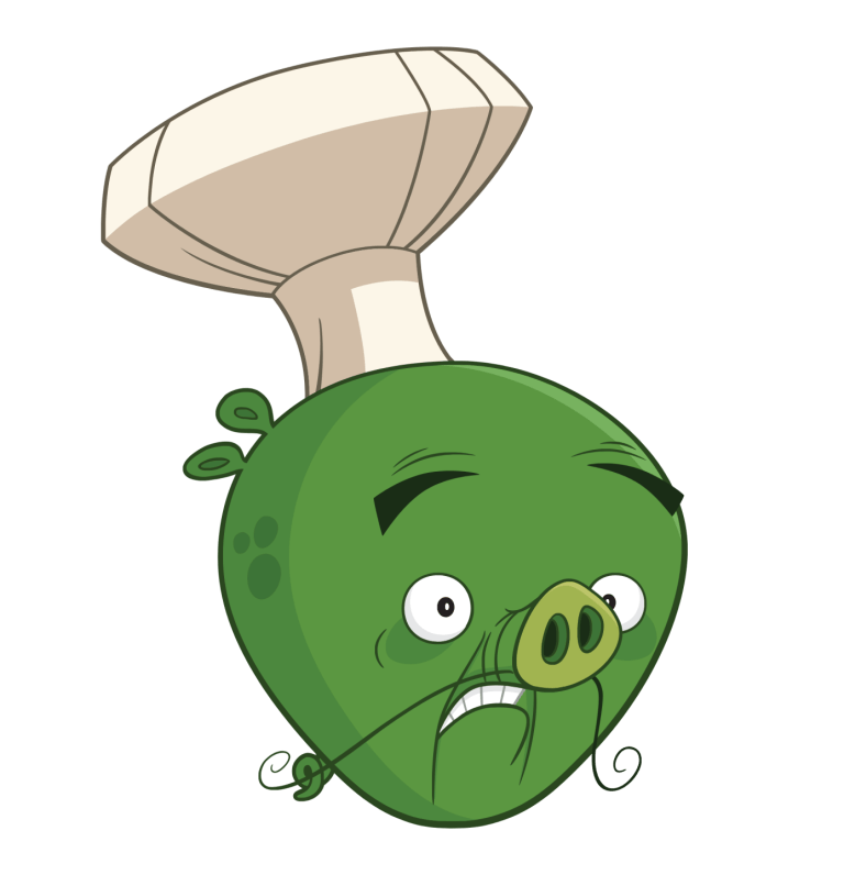 Green cartoon pig with mushroom cap on its head.