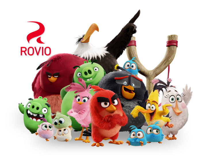 Group of colorful cartoon birds and pigs from Angry Birds with Rovio logo.