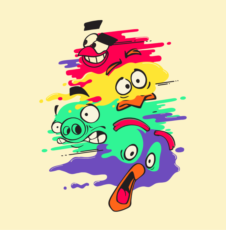 Cartoon faces with colorful abstract backgrounds.