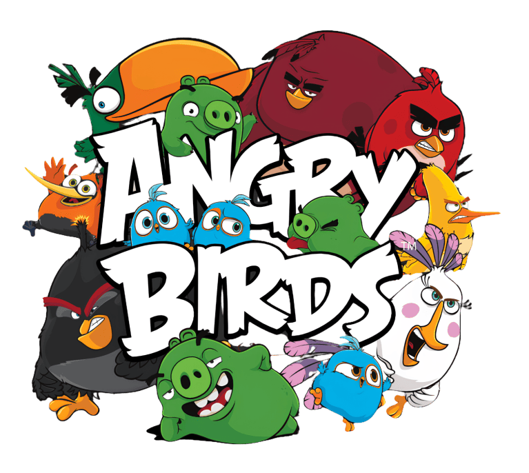 Cartoon birds and pigs surround 'Angry Birds' text.