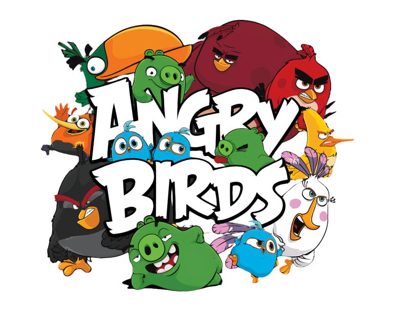 Cartoon birds and pigs surround 'Angry Birds' text.