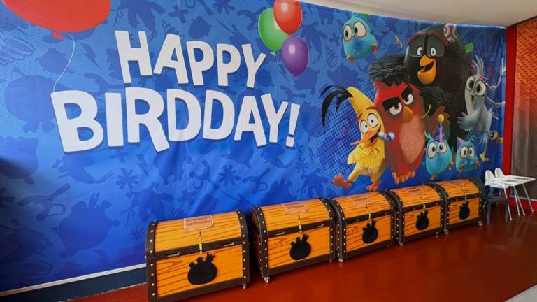 Birthday banner with cartoon birds and decorative chests.