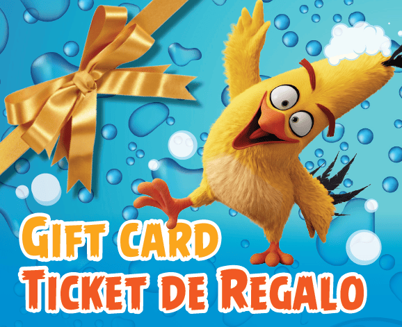 Animated yellow bird with a gift card and bow on blue background.