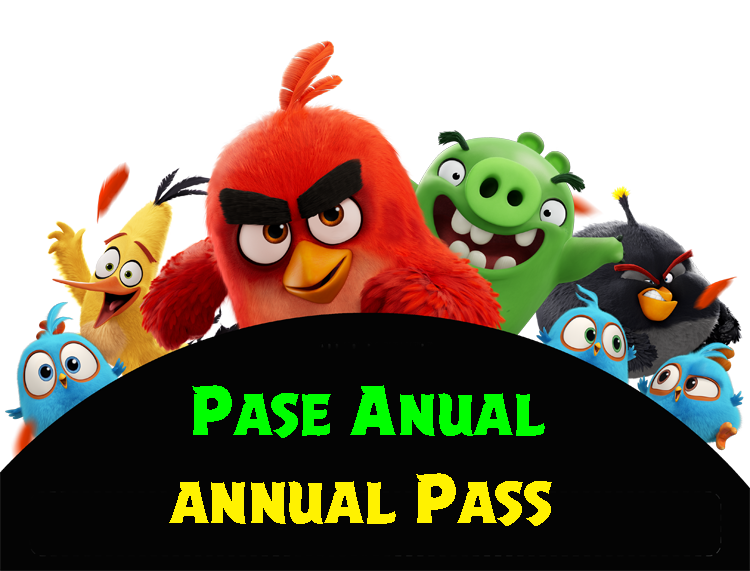 Cartoon birds and pigs with text 'Pase Anual annual Pass.'