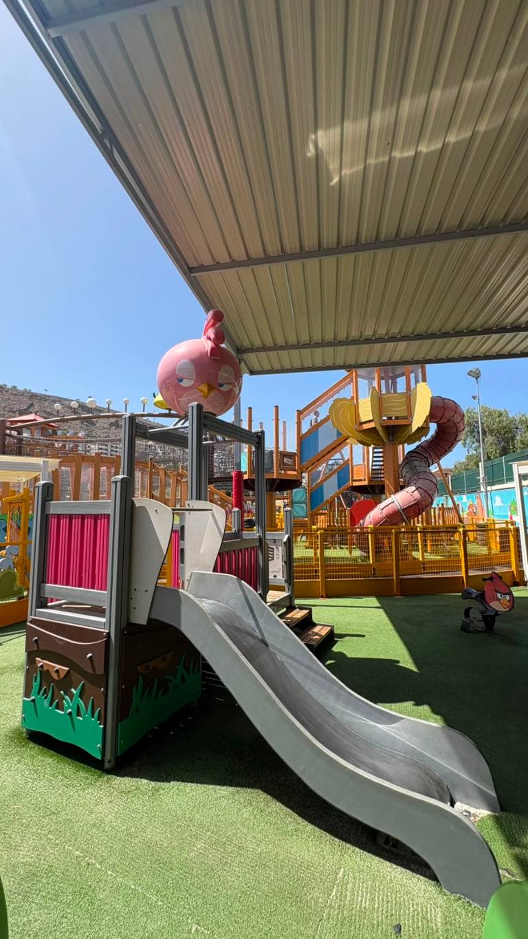Outdoor playground with slides, climbing structures, and a canopy roof.