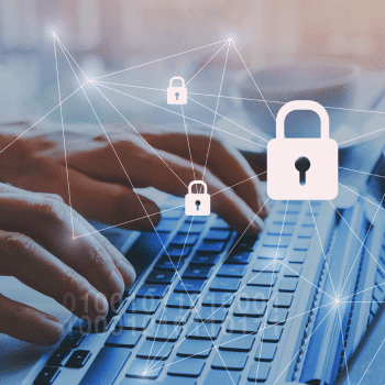 Hands typing on keyboard with digital padlock icons, symbolizing cybersecurity.