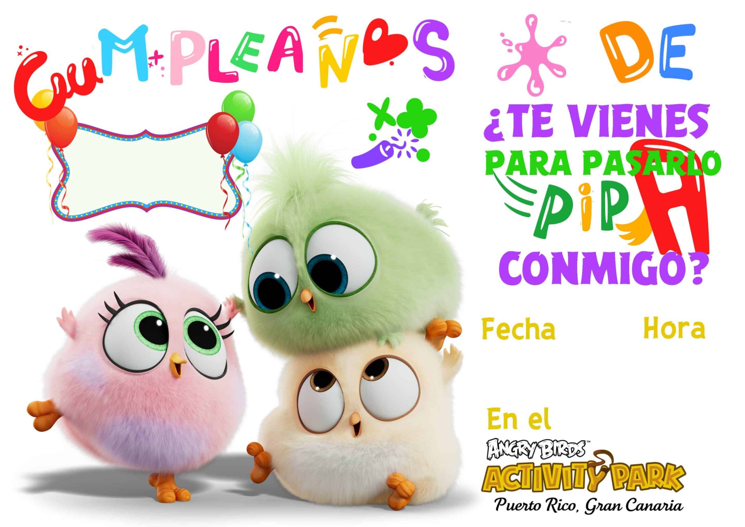 Three cartoon birds under colorful Spanish birthday invitation text.
