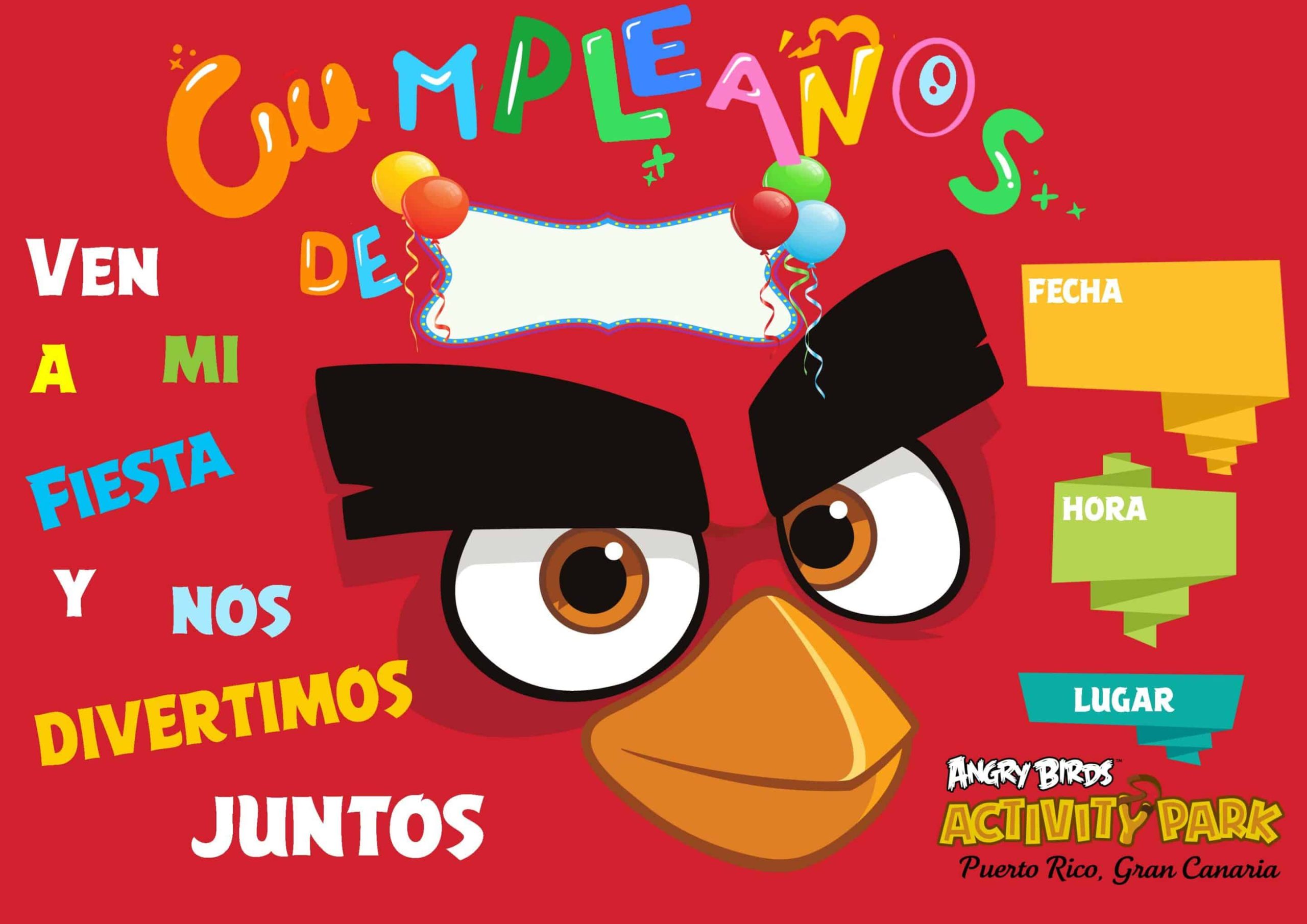 Colorful invitation featuring a red cartoon bird with text in Spanish for a birthday party.