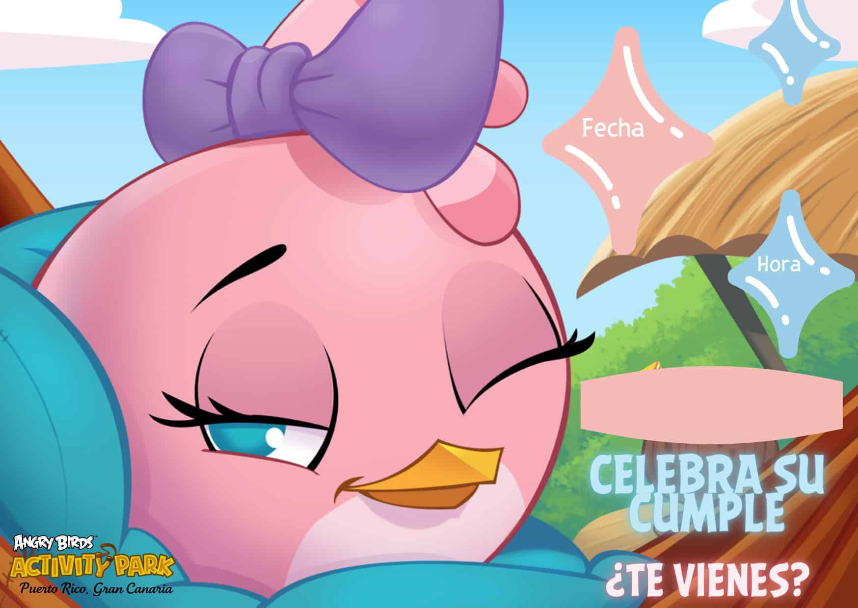 Cartoon bird with bow in a nest, text bubbles for date, time; bottom reads '¡Celebra su cumple! ¿Te vienes?'.