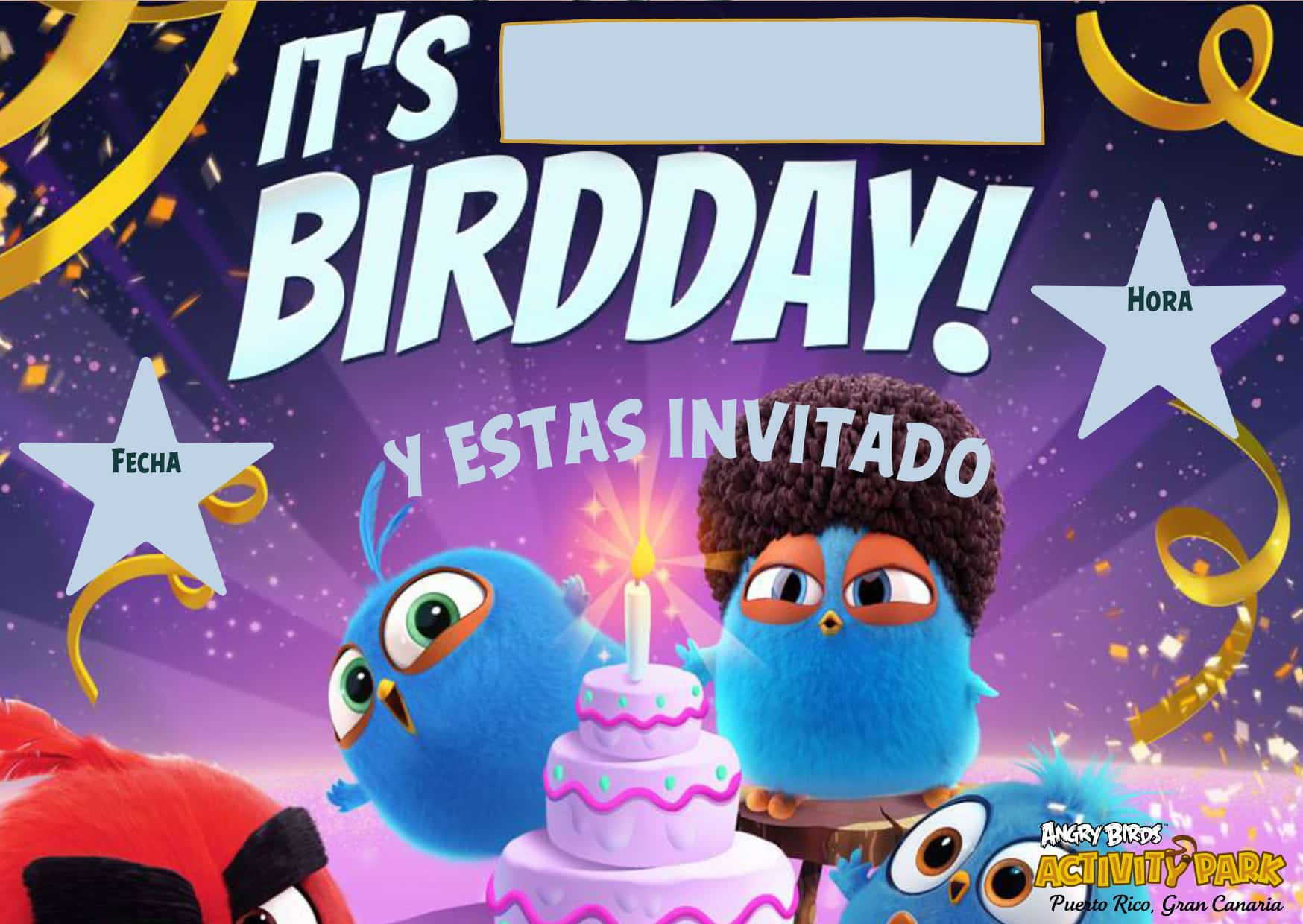 Animated birds with cake and text: It's BirdDay! You're invited. Fecha and Hora sections with stars.