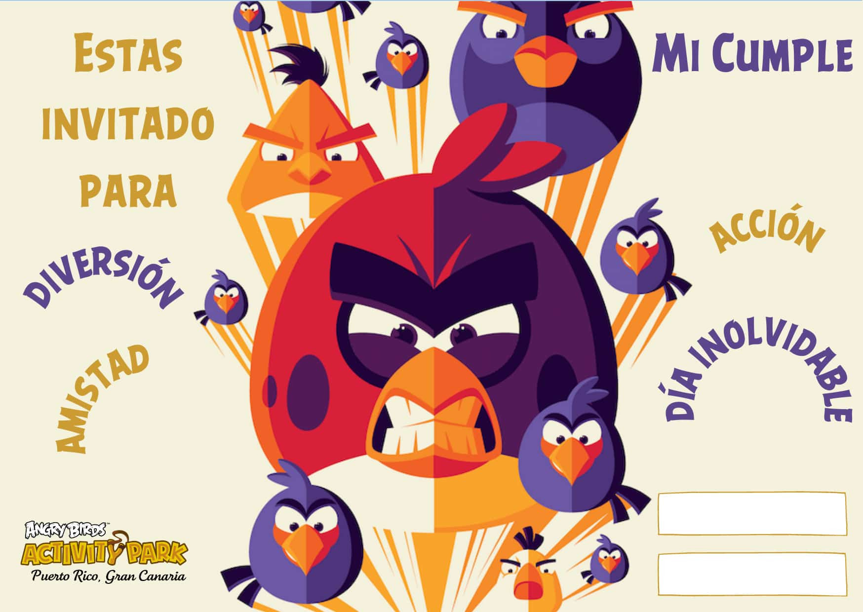 Colorful angry cartoon birds on invitation with Spanish text.