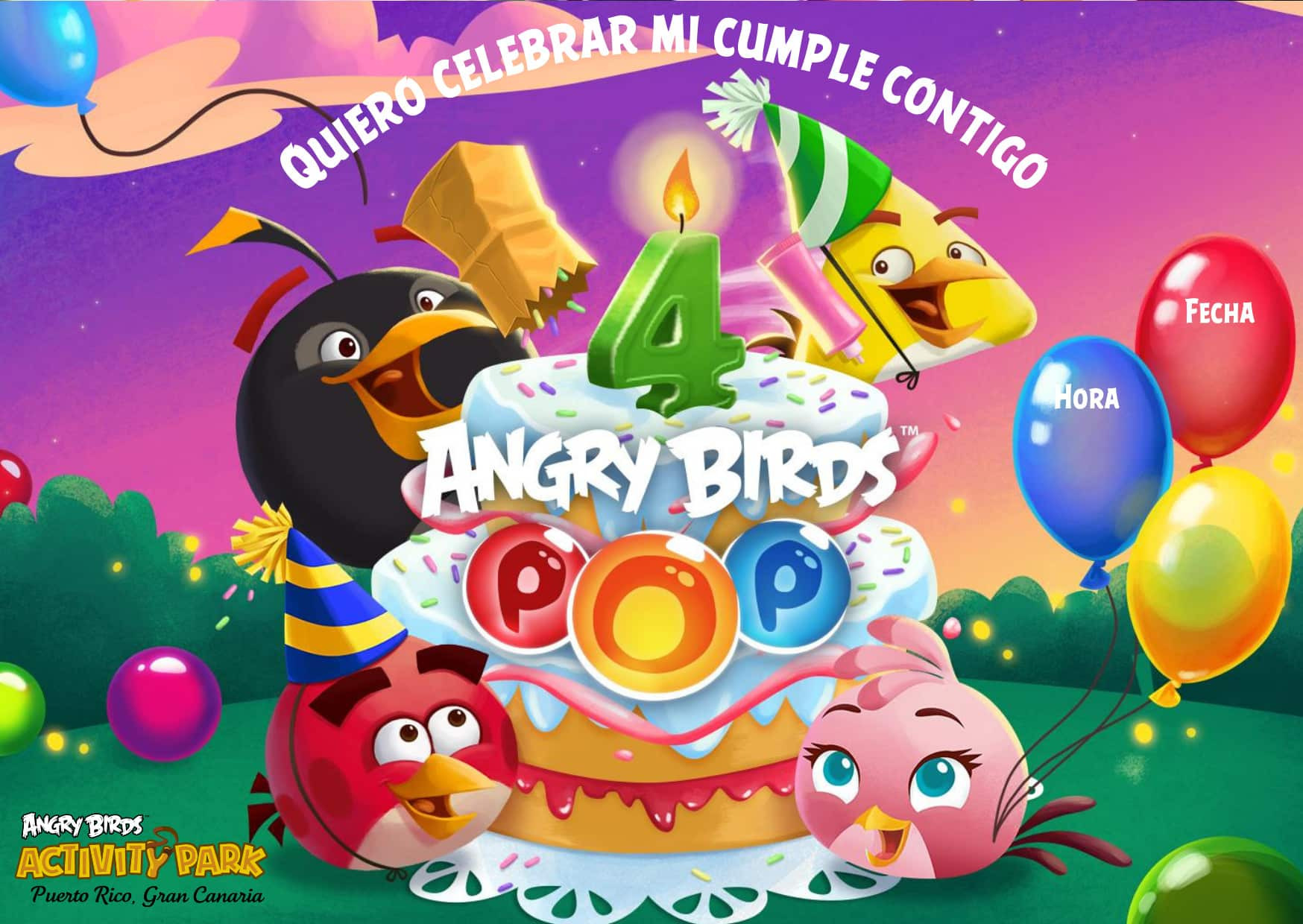 Colorful Angry Birds birthday cake scene with balloons and text in Spanish.