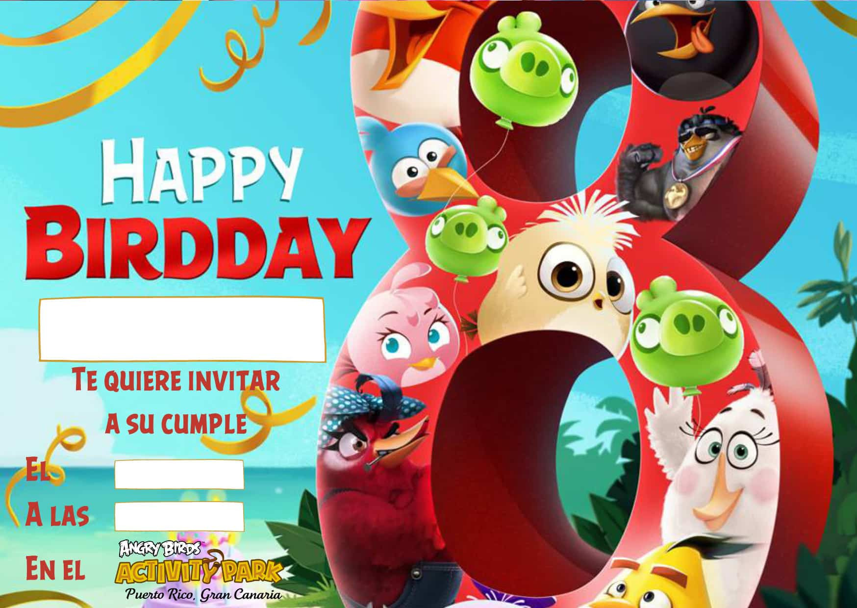 Colorful invitation with cartoon birds, number eight, and text 'Happy Birdday'.