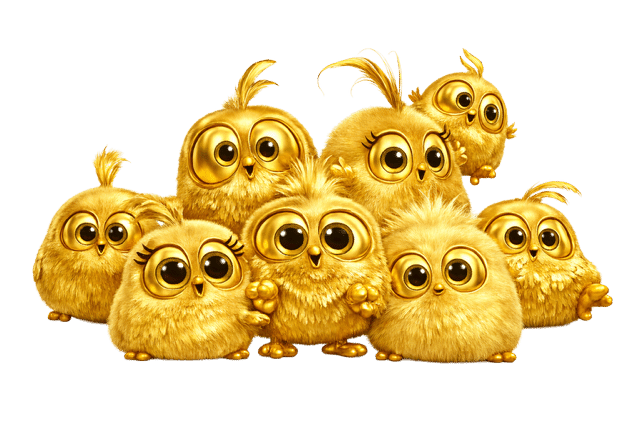 Group of fluffy, golden cartoon birds with large eyes and various expressions.