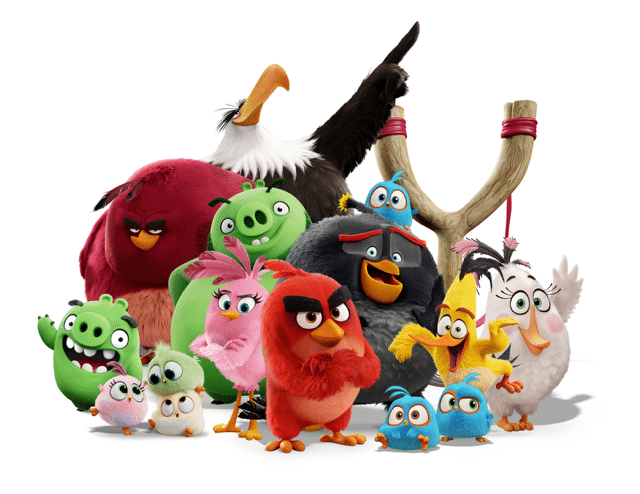Group of colorful cartoon birds and pigs with a large slingshot.