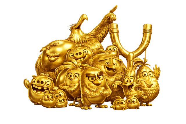 Golden cartoon birds and pigs with a slingshot, resembling Angry Birds characters.