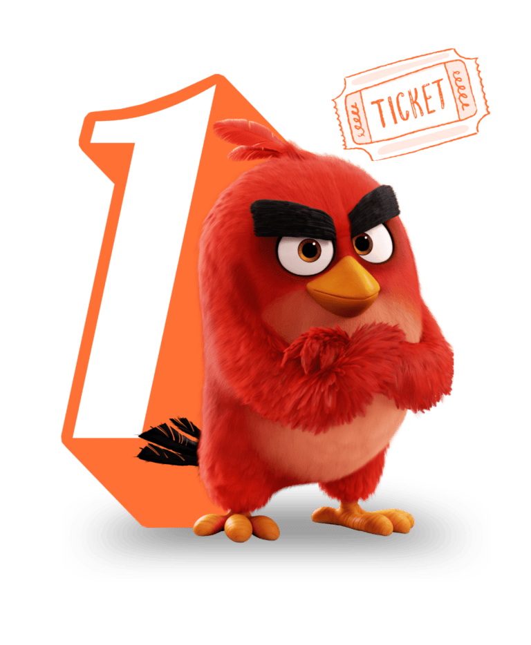 Animated red bird in front of a large number one and a ticket.