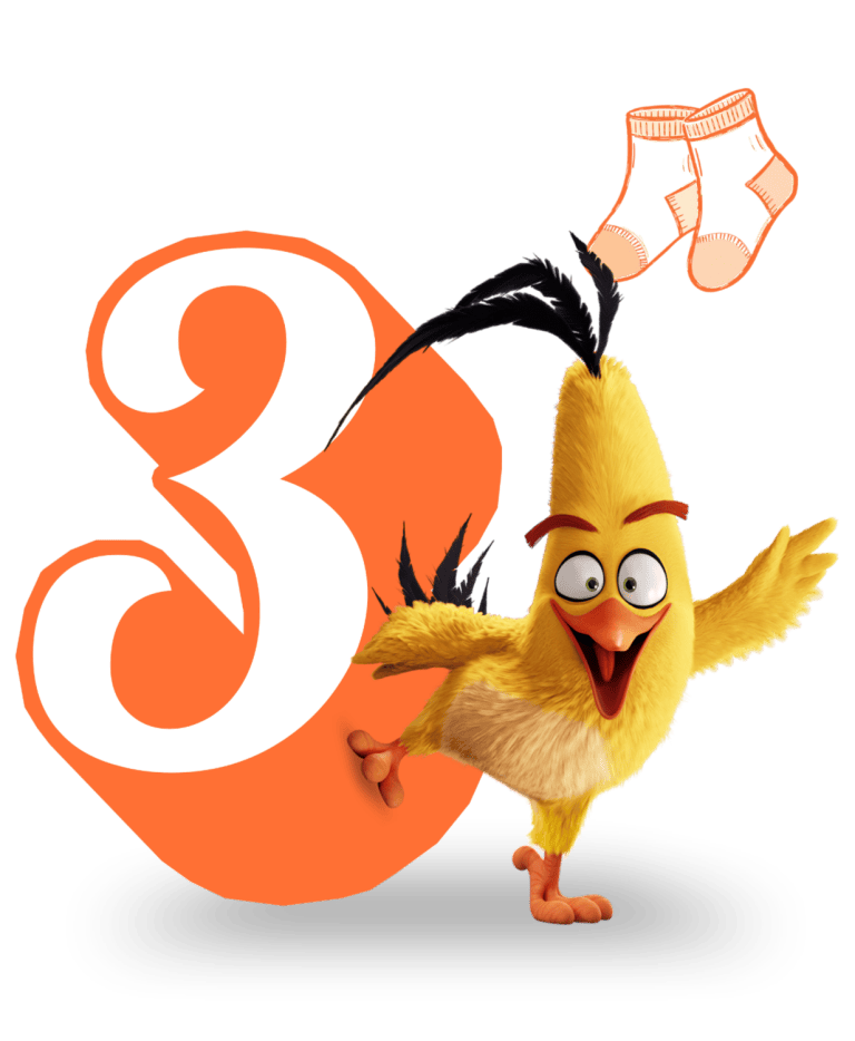 Cartoon yellow bird dancing near an orange number 3 and socks.