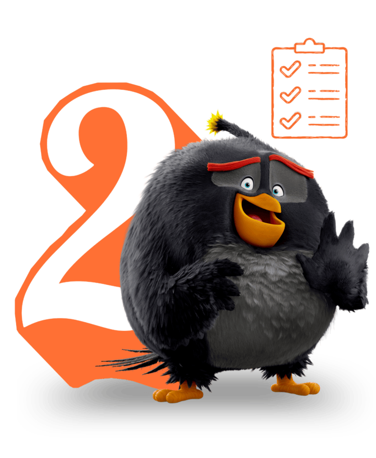 Cartoon black bird waving, standing next to a large orange number 2 and a checklist icon.