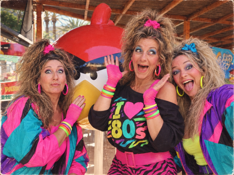 Three women in colorful 80s outfits posing with large Angry Bird statue.